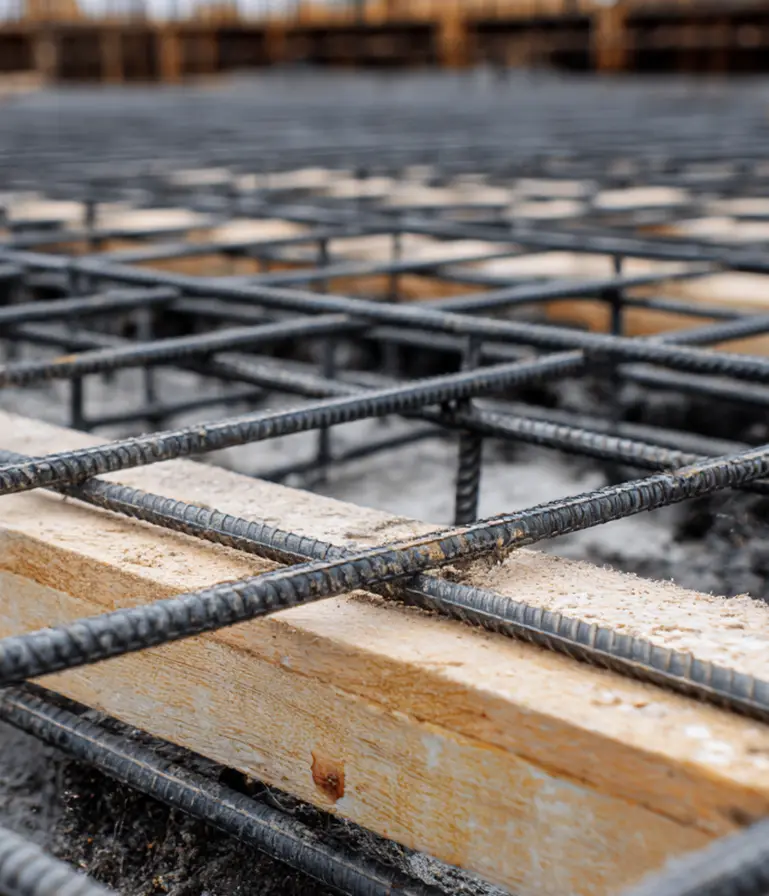 Rebar specialist working on extensive steel reinforcement grid for large-scale foundation construction